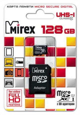 Карта памяти Mirex microSDХC, с адаптером, 128GB (UHS-I, class 10)
