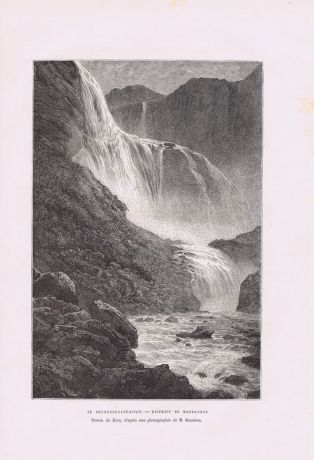 Норвегия, водопад Скьеггадалс (регион Хардангер). Ксилография. Франция, Париж, 1880 год