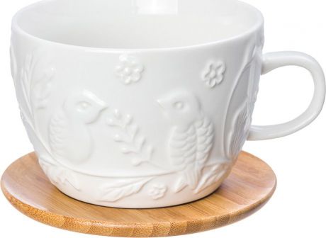 Чашка для кофе Elan Gallery Птички на ветке, 540217, белый, коричневый, с подставкой, 500 мл