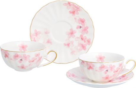 Набор чайный Elan Gallery "Цветущая розовая сакура", 730734, белый, розовый, 4 предмета