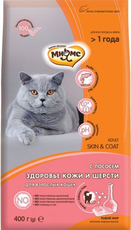 Корм сухой Мнямс Skin&Coat, с лососем, для взрослых кошек, для кожи и шерсти, 400 г