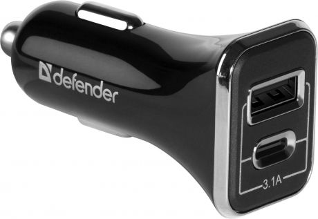 Автомобильный адаптер Defender UCC-33 USB+Type-C, 5V/3.1А, кабель