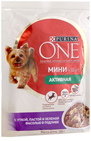 Влажный корм для собак мелких пород Purina ONE мини "Активная", с уткой, пастой и зеленой фасолью в подливе, 100 г