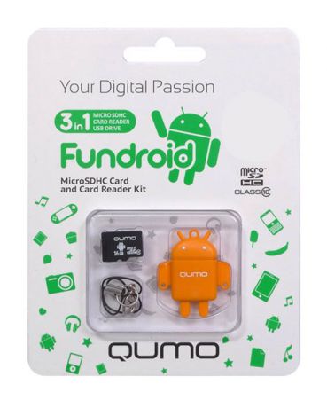 QUMO microSDHC Class 10 16GB + картридер/USB накопитель Fundroid, Orange