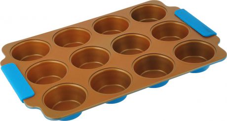 Форма для выпечки кексов "Travola", с силиконовыми ручками, 12 ячеек, цвет: золотистый, голубой, 38,3 x 26 x 3 см. KCM9387H