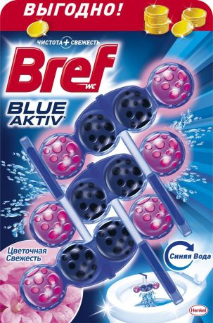 Чистящее средство для унитаза Bref "Blue Aktiv. Цветочная свежесть", 3 шт х 50 г