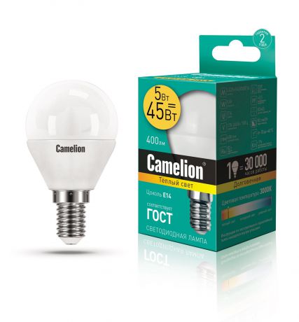 Лампочка Camelion LED5-G45/830/E14, Теплый свет 5 Вт, Светодиодная