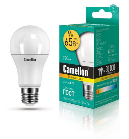 Лампочка Camelion LED 9-A60/830/E27, Теплый свет 9 Вт, Светодиодная