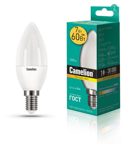Лампочка Camelion LED7-C35/830/E14, Теплый свет 8 Вт, Светодиодная