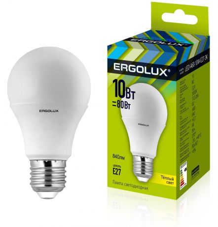 Лампочка Ergolux LED-A60-10W-E27-3K, Теплый свет 10 Вт, Светодиодная