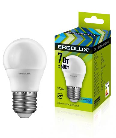 Лампочка Ergolux LED-G45-7W-E27-4K, Холодный свет 7 Вт, Светодиодная