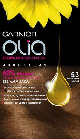 Garnier Стойкая крем-краска для волос "Olia" без аммиака, оттенок 5.3, Золотистый каштан, 160 мл