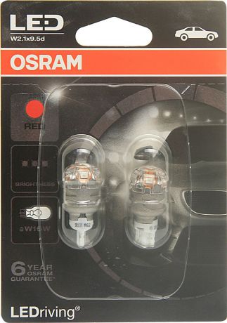 Лампа автомобильная Osram W16W (W2.1*9.5d) LED Premium Red 12V, 9213R02B, 2 шт