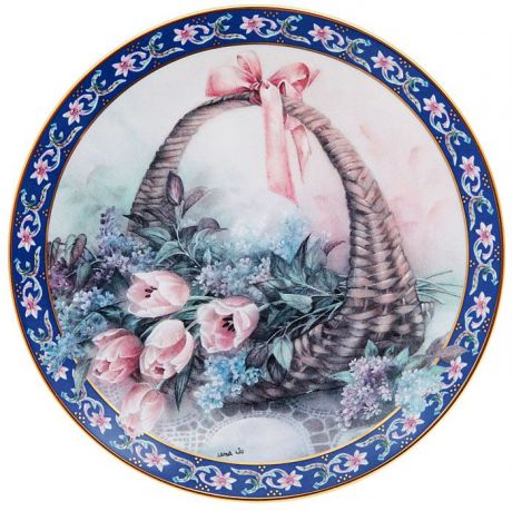Декоративная тарелка W.J.George Лена Лю "Тюльпаны и сирень". Фарфор, деколь, золочение. США, 1992 год