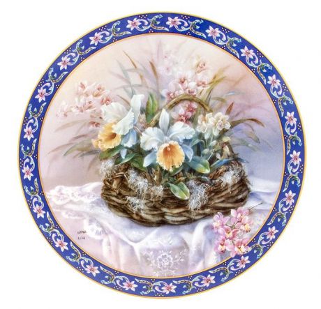 Декоративная тарелка W.J.George Лена Лю "Орхидеи", декоративная тарелка. Фарфор, деколь, золочение. W. J. George, США, 1993 год