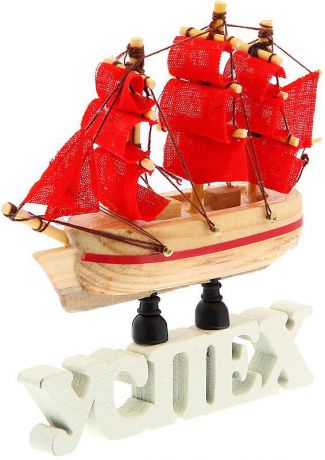 Корабль сувенирный "Успех", на фигурной подставке, 1265945, бежевый, красный, 9,5 х 2,5 х 11,2 см