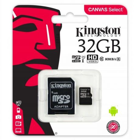 Карта памяти Kingston MicroSD 32GB Class 10 Canvas Select UHS-I U1 (80 Mb/s) + SD адаптер, черный