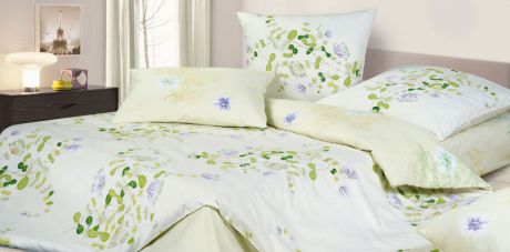 Комплект постельного белья Ecotex КГЕ "Цветочный ноктюрн" КПБ "Гармоника" евро (50х70-2 70х70-2) сатин-комфорт, зеленый, кремовый