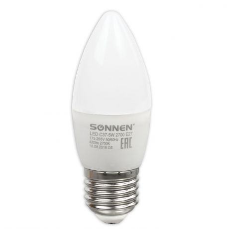 Лампочка Sonnen 5 (40) Вт, цоколь E27, свеча, теплый белый свет, Теплый свет 5 Вт, Светодиодная