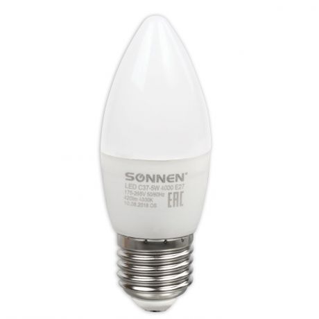 Лампочка Sonnen 5 (40) Вт, цоколь E27, свеча, холодный белый свет, LED C37-5W-4000-E27, Холодный свет 5 Вт, Светодиодная