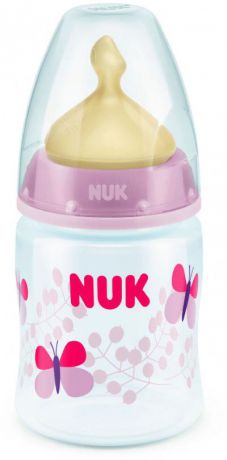 Бутылочка для кормления NUK First Choice Plus, с латексной соской, от 0 месяцев, 150 мл, 10743617-Бабочка розовая