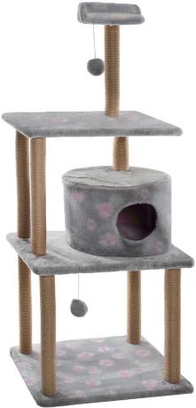 Домик-когтеточка Меридиан "Лапки", Д540Ла, круглый, с двумя игрушками, серый, розовый, 65 х 50 х 153 см