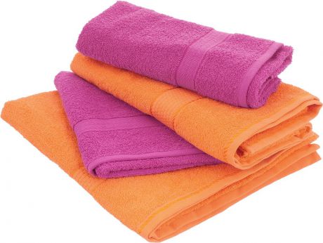 Набор махровых полотенец "Aisha Home Textile", цвет: оранжевый, малиновый, 4 шт