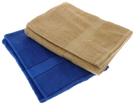 Набор махровых полотенец "Aisha Home Textile", цвет: светло-коричневый, синий, 70 х 140 см, 2 шт