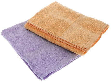Набор махровых полотенец "Aisha Home Textile", цвет: сиреневый, персиковый, 70 х 140 см, 2 шт