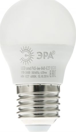 Лампочка ЭРА, Нейтральный свет 6 Вт, Светодиодная