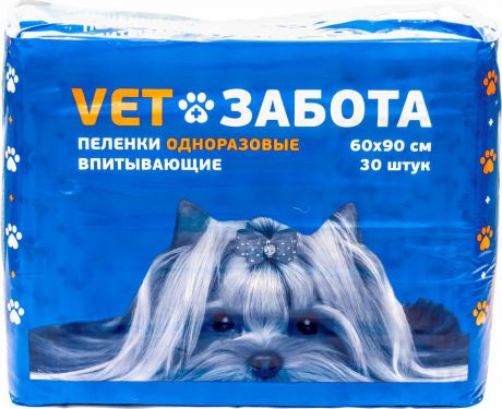 Одноразовая пеленка для животных Vetзабота Basic, 60 х 90 см, 30 шт
