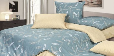 Комплект постельного белья Ecotex КГЕ "Монтана" КПБ "Гармоника" евро (50х70-2 70х70-2) сатин-комфорт, бежевый, голубой, серый