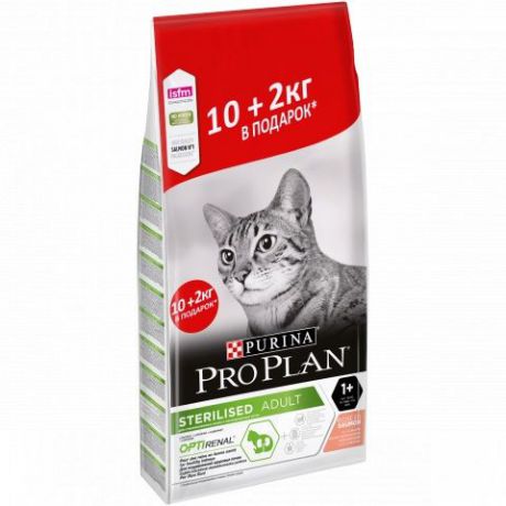 PRO PLAN Sterilised Salmon корм для взрослых кастрированных/стерилизованных кошек, с лососем 10кг+2 кг