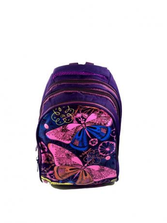 Рюкзак с ортопедической спинкой Бабочки фиолетовый с сумкой для сменной обуви и пеналом