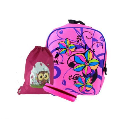 Рюкзак с ортопедической спинкой "Цветы" фуксия с сумкой для сменной обуви и пеналом