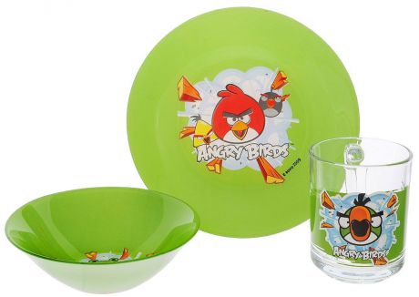 Набор детской посуды "Angry Birds", цвет: зеленый, 3 предмета