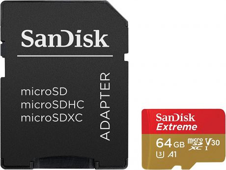 Карта памяти MicroSDHC SanDisk Extreme 64Gb Class10 с адаптером UHS-I U3 90MB/s SDSQXAF-064G-GN6MA Red-Gold
