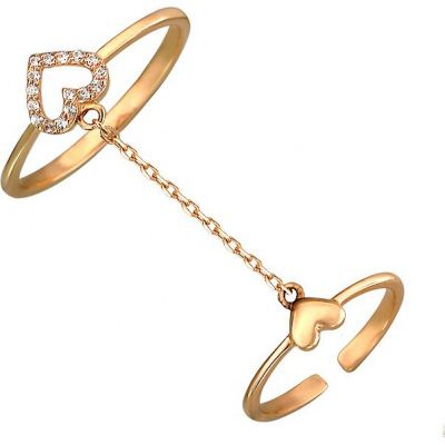 Два кольца на цепочке Сердечки с фианитами из красного золота