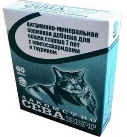 Витаминно-минеральная Севавит кормовая добавка с олигосахаридами и таурином для кошек старше 7 лет (60 таблеток)