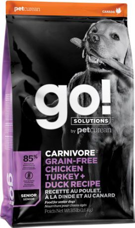 Сухой корм Go! Carnivore 4 Вида Мяса беззерновой для пожилых собак всех пород (1,6 кг, Индейка, курица, лосось и утка)