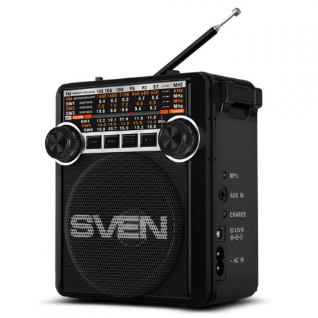 Радиоприемник SVEN SRP-355 черный 3 Вт, FM/AM/SW, USB, SD/microSD, фонарь, встроенный аккумулятор