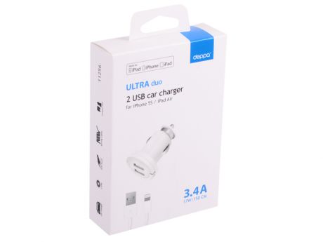 Автомобильное зарядное устройство Deppa 2 USB 3.4А, дата-кабель Lightning (MFI), белый, Ultra