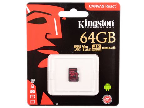 Карта памяти MicroSDXC 64GB Kingston Class10 Canvas React (SDCR/64GBSP)
