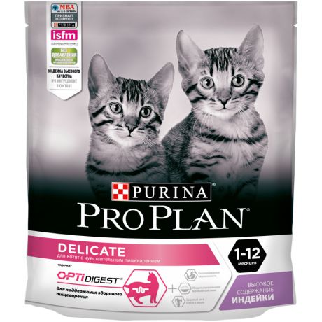 Сухой корм Purina Pro Plan Delicate Junior для котят с чувствительным пищеварением, индейка, пакет, 400 г 12372568
