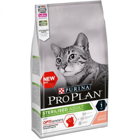 Сухой корм Purina Pro Plan для стерилизованных кошек и кастрированных котов (для поддержания органов чувств), с лососем, Пакет, 1.5 кг 12370359