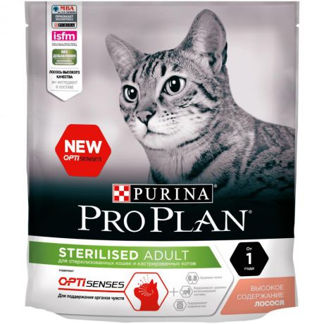 Сухой корм Purina Pro Plan для стерилизованных кошек и кастрированных котов (для поддержания органов чувств), с лососем, Пакет, 400 г 12372567