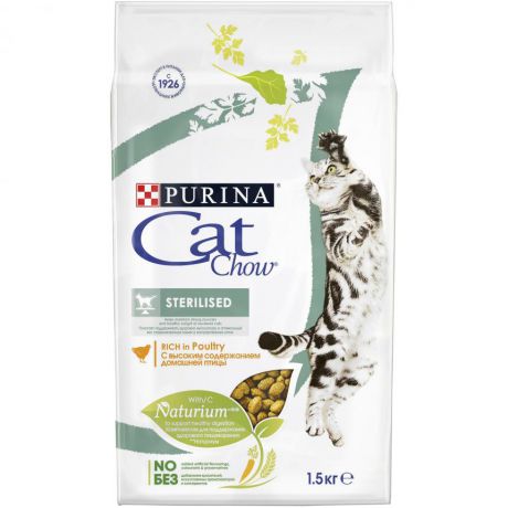 Сухой корм Purina Cat Chow для стерилизованных кошек и кастрированных котов, домашняя птица, пакет, 1,5 кг 12123732