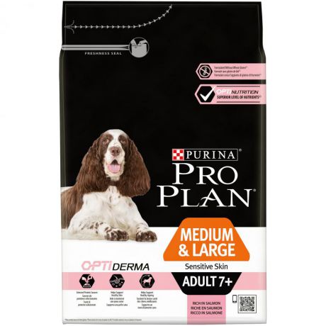 Сухой корм Purina Pro Plan для взрослых собак старше 7 лет средних и крупных пород с чувствительной кожей с комплексом OPTIDERMA с лососем и рисом, пакет, 3 кг 12381689