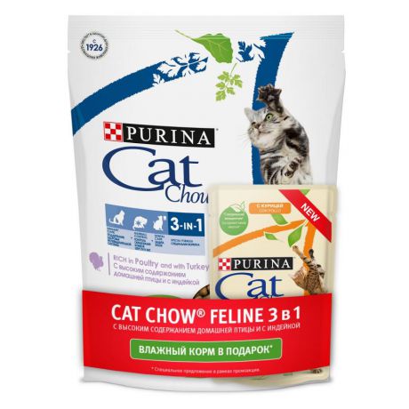 Сухой корм Purina Cat Chow для взрослых кошек тройная защита 400 г + пауч 85 г 12402240
