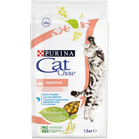 Сухой корм Purina Cat Chow Sensitive для взрослых кошек с чувствительным пищеварением, птица и лосось, пакет, 1,5 кг 12123733
